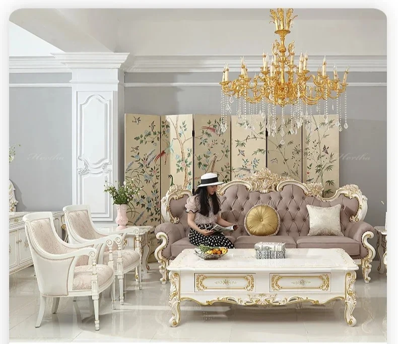 

Sofa combination solid wood carving flower luxury furniture cream wind Luo