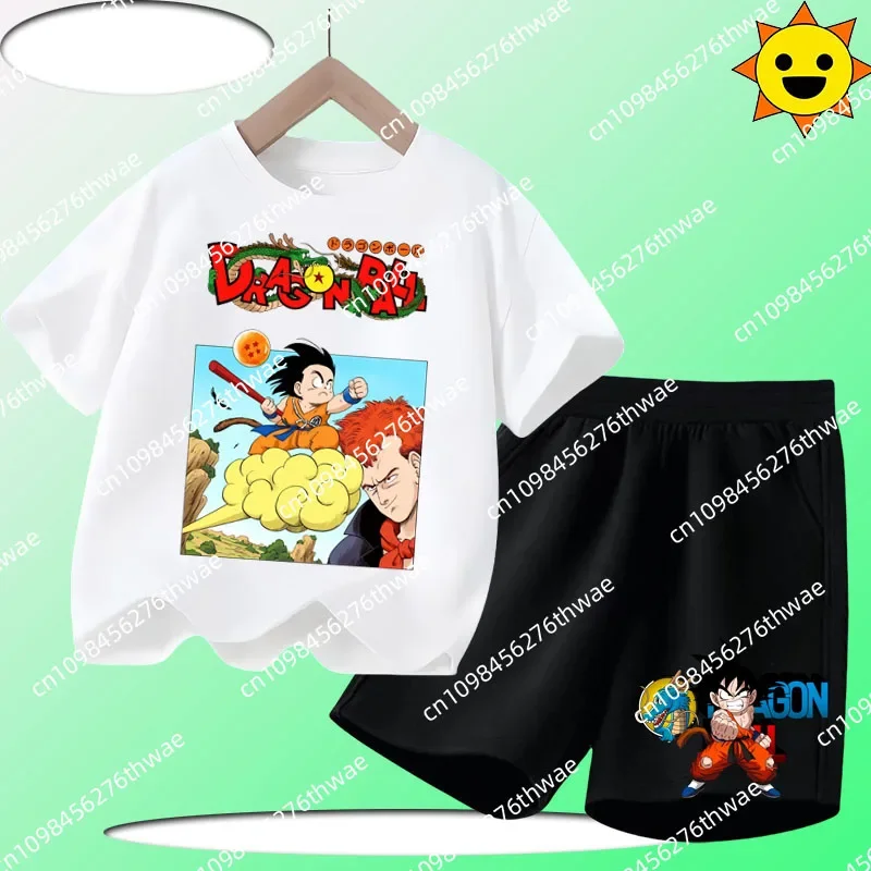 

2025 Goku Cartoon Print Boys and Girls Casual Shirt Set for Children - Short Sleeve Summer New Design T-Shirt 2-Piece Set