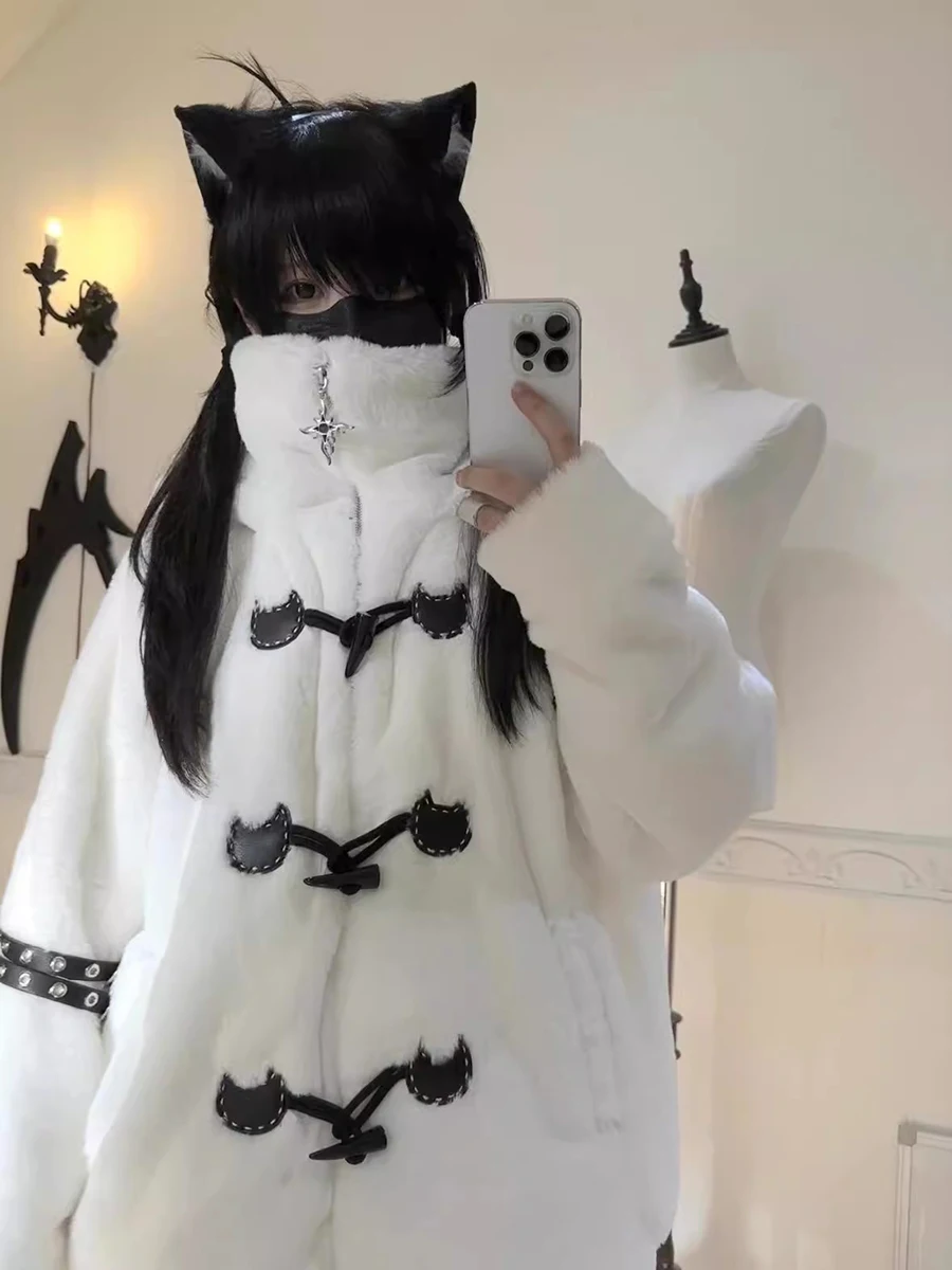 Lautaro Autumn Winter Oversized Soft Thick Warm White Faux Fur Hoodie Women with Bear Ears Horn Buttons Punk Style Fluffy Jacket