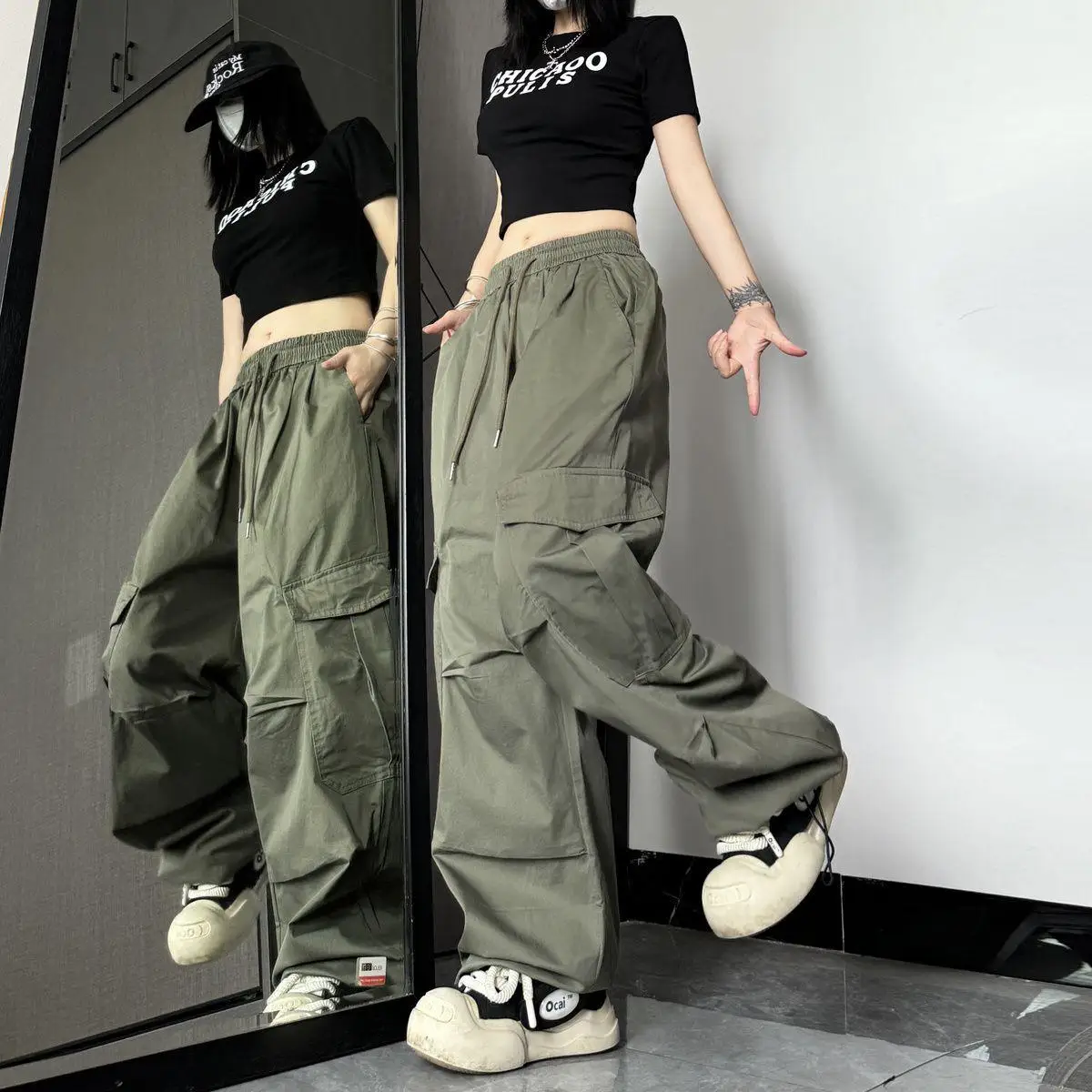 American Style High Street Drawstring Wide Leg Pants Casual Dancing Pants Multi Pocket Workwear Hot Girl Loose Fit Couple's P...