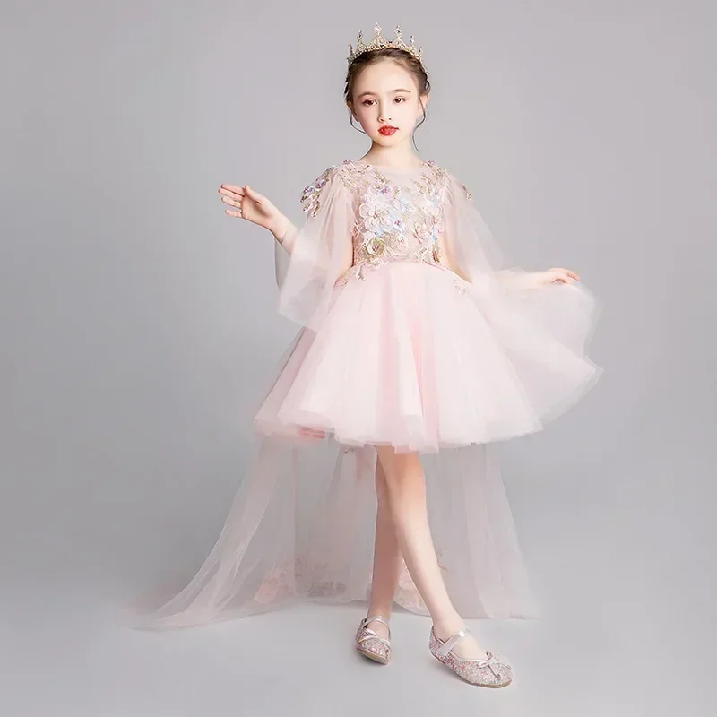 Girl host trailing princess flower girl fluffy children's wedding  runway show evening dress, piano performa