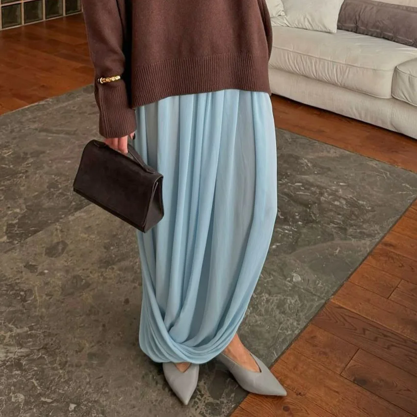 2026 Woman Casual Elastic Waist Straight Skirt Female Fall Street Chic Loose Skirts Commuting Elegant Chiffon Blue Split Long