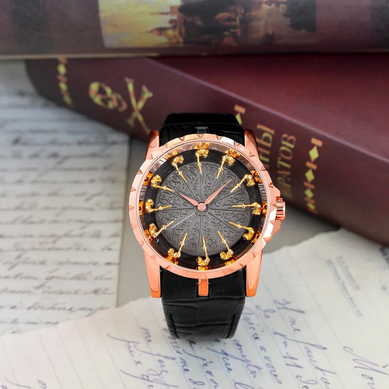 

A men's black leather belt casual style novelty twelve knights round table quartz watch