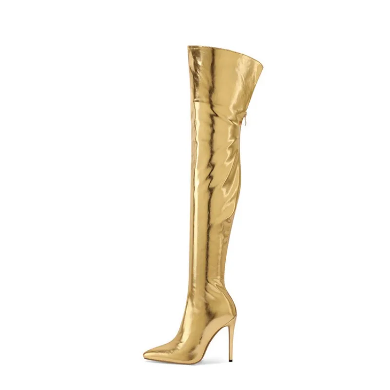 Botas por encima de la rodilla con cremallera trasera para mujer, tacones altos puntiagudos, moda europea y americana, botas largas, Sexy, color dorado y plateado, talla grande 34-43