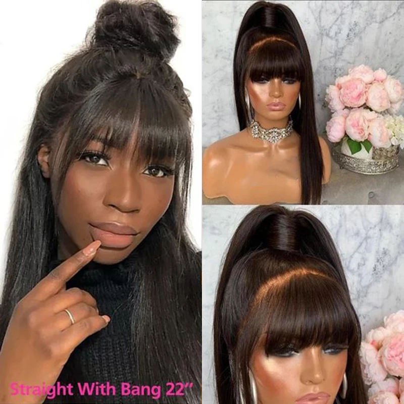 360 Full Lace Frontal Wig Fringe Straight Lace Front Wig Raw Human Hair Wigs With Bang Glueless Brazilian Wigs On Sale Clearance