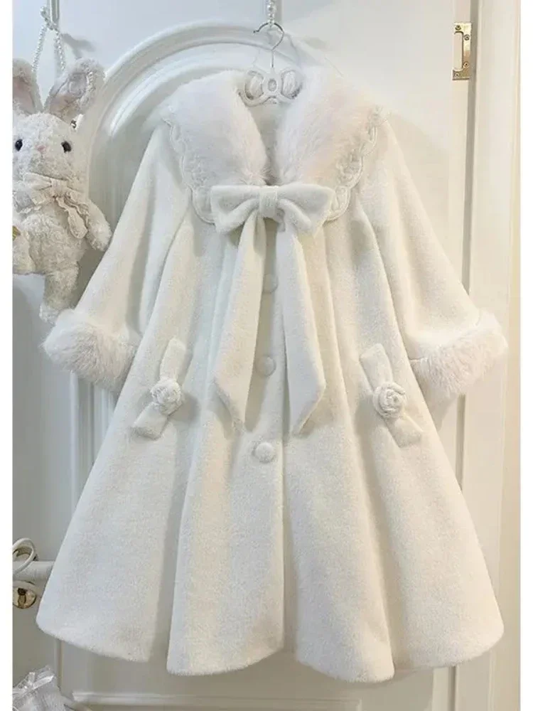 Winter Sweet Kawaii Plush Long Coat Women Japanese Bow Lolita College Style Elegant Warm Overcoat Female Y2k Design Outfits New