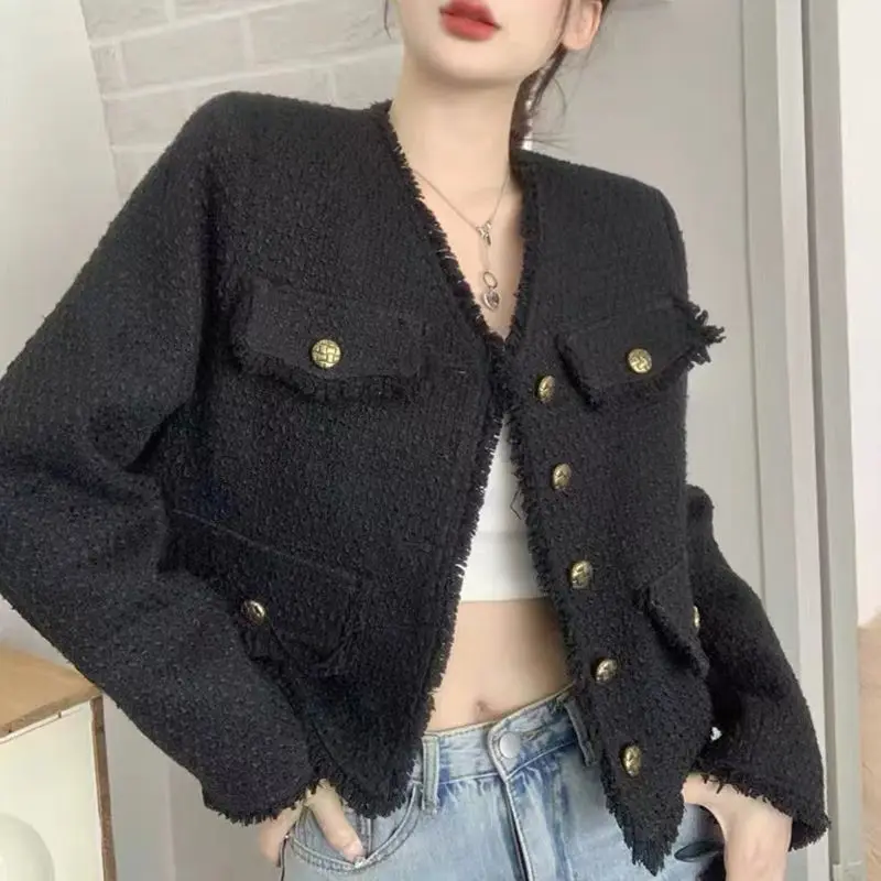 

HOUZHOU Black Cropped Tweed Jacket Women Oversize Elegant and Chic Korean Style Short Jackets Female Vintage Fashion Aesthetic