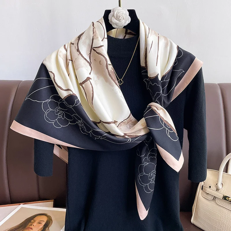 New 30 Colors Twill Silk Scarf Women 90cm Square Hijab Shawls And Wraps Female Foulard Headkerchief Elegant Floral Lady Bandana