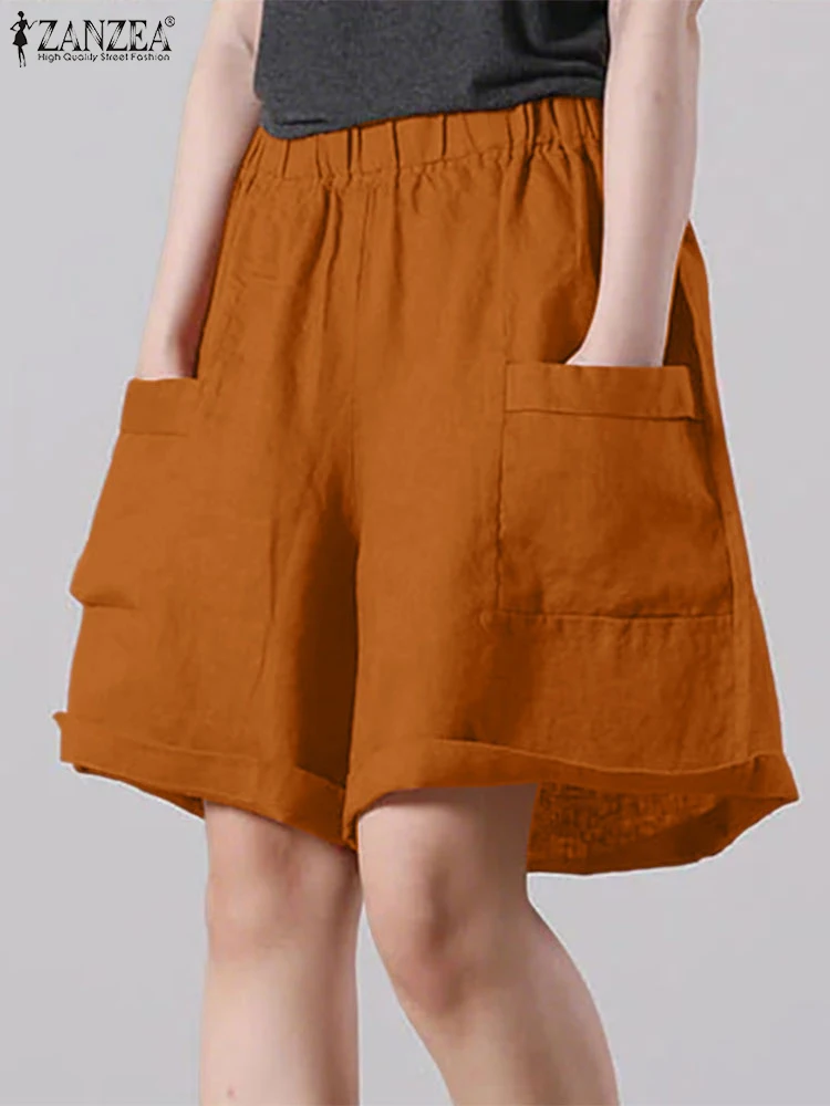 ZANZEA-pantalones cortos Vintage de verano para mujer, pantalones de cintura alta elástica con bolsillos, pantalones de pierna ancha de Color sólido, pantalones cortos informales sueltos