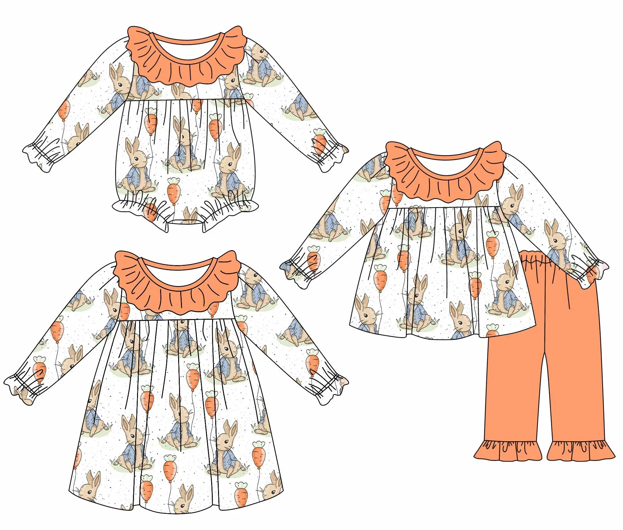 Easter boutique children's set lace long-sleeved elastic rabbit carrot print trousers lace girl set baby jumpsuit dress pajama