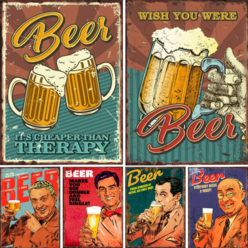 Retro Beer Drink Metal Tin Sign for Wish You Were Best Open One Wine Bar Smoking Painting Picture Art Wall Aesthetic Decoration