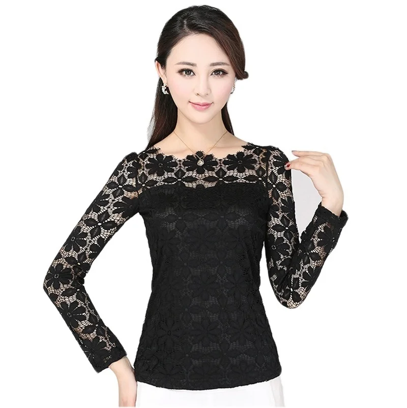 Sexy Hollow Women Blouse Long-sleeved Lace Shirts Plus Size blusas femininas elegante Lace blouse