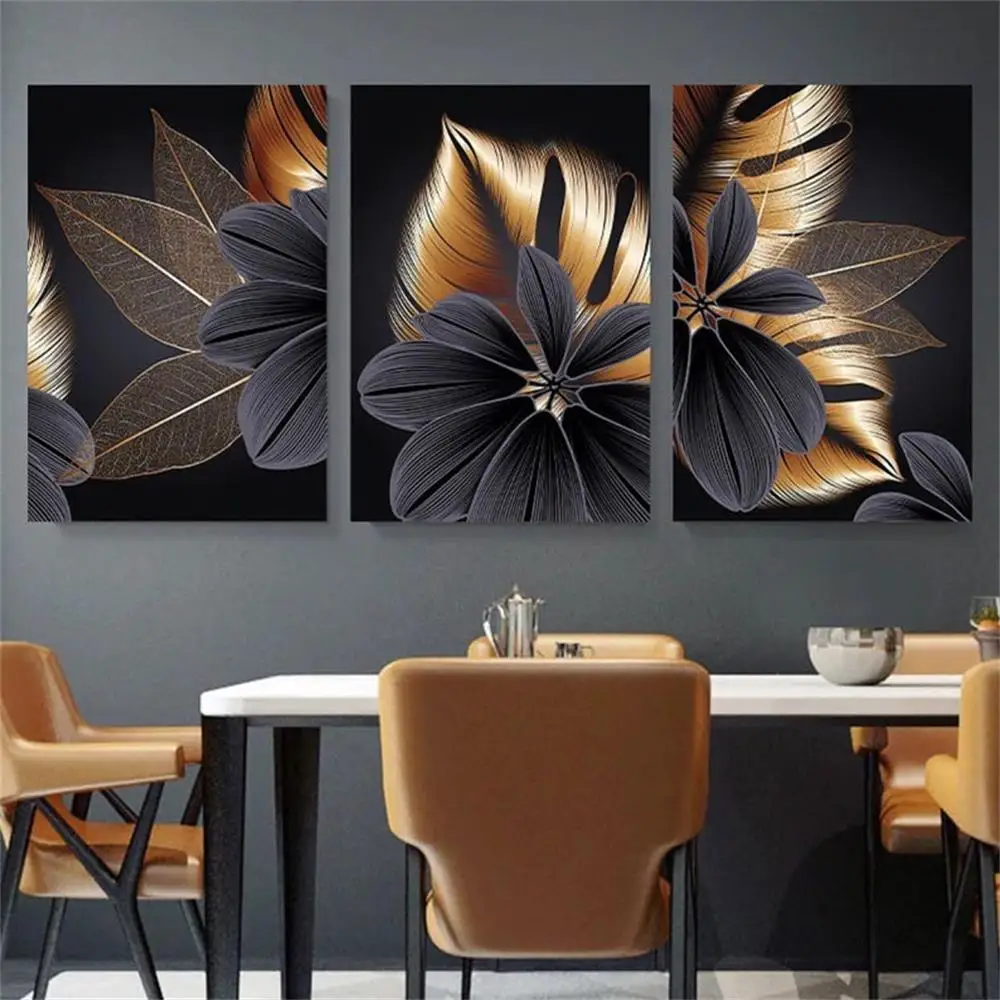 

Modern Nordic Golden Grey Flower Leaf Posters And Prints Home Decor 3 Panels Wall Art Canvas Painting Pictures For Living Room