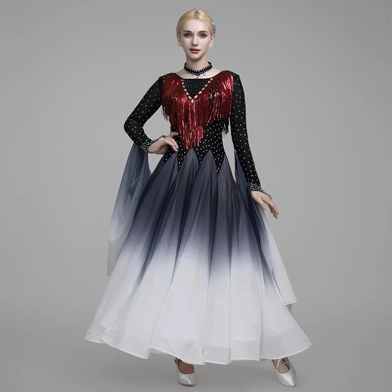 Robe de danse de salon à paillettes pour femmes, robe de valse de compétition, frange Standard nationale, vêtements de danse modernes à manches longues