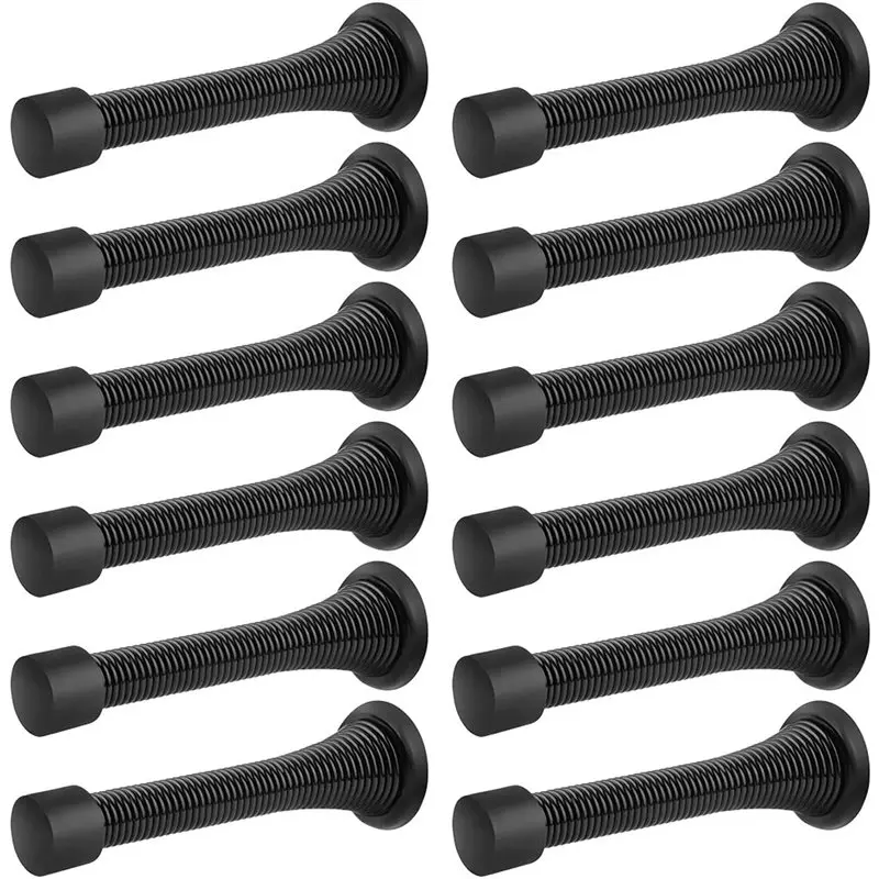 【COMELY】24 Pack Black Spring Door Stops, Flexible Spring Door Stopper With Low Mounted Black Rubber Bumper Tips