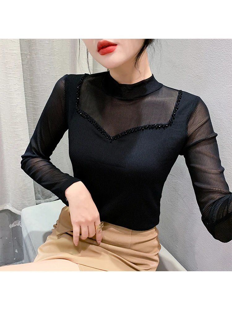 MadBlack European Clothes Tshirt Women Sexy Round Collar Hand Made Beaded Slim Long Sleeve Office Tees Autumn Spring T38058JD