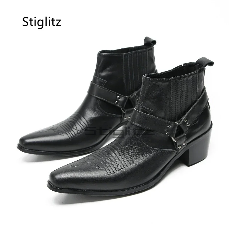 Black Leather Embroidery Men's Boots High-Heeled Slip On Chelsea Boots Pointy Toe Stylish Breathable Business Dress Shoes
