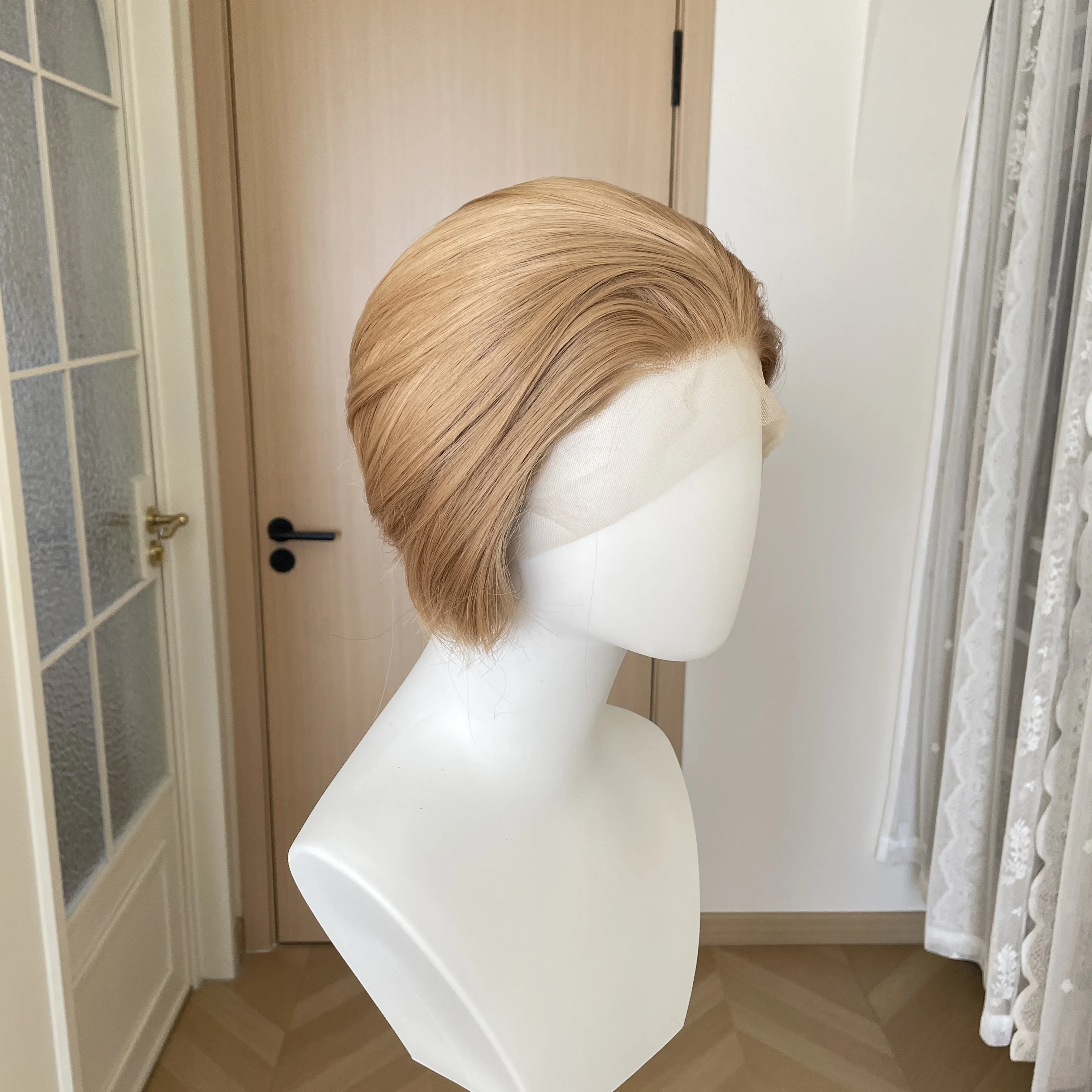 Honey Brown Short Bob Cut 13X4 Lace Front Wigs for Women Pixie Synthetic Cosplay Wigs for Men Half Hand Tied Glueless Natural