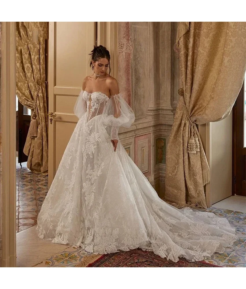 

Lzhk Customized Exquisite Tulle A-Line Detachable Sleeve Appliques Evening Dress Fashion Sweetheart Women Wedding Gowns