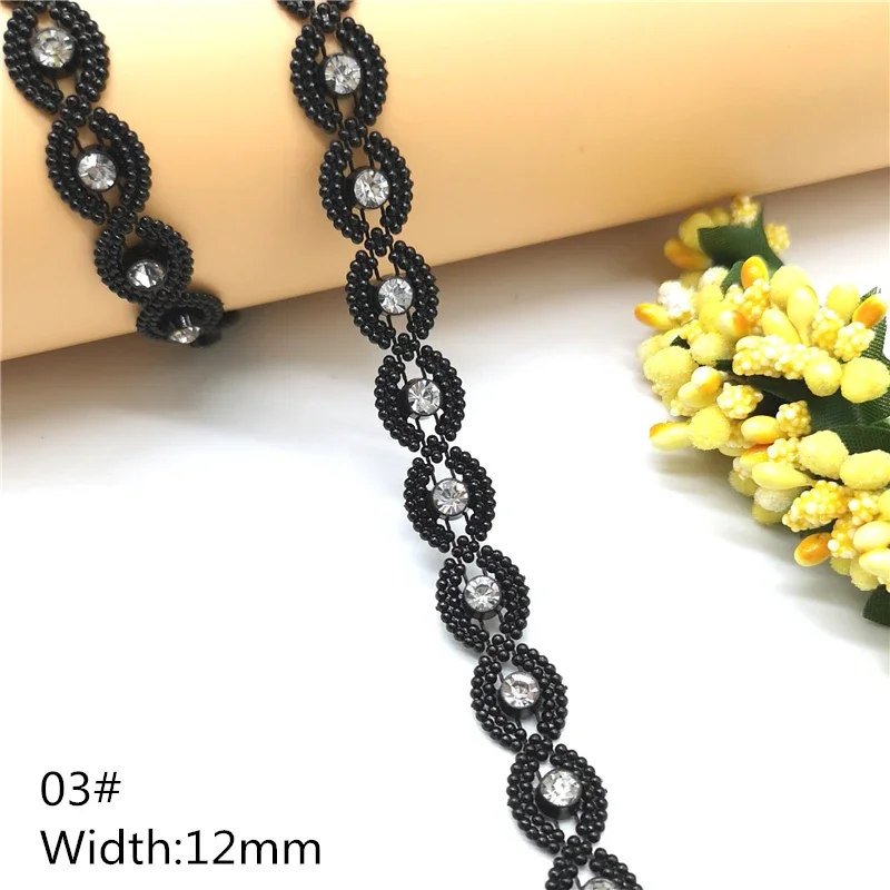 1 yard Rhinestone Chain Black Crystal  Sew On Trims Wedding Dress Costume Applique