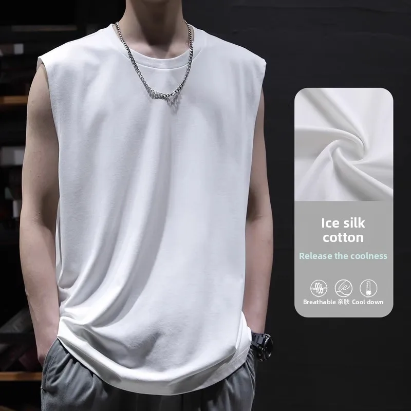

Kazuki Kuraii Summer Ice Silk Cotton Vest Men's Thin Sport Fitn oulder Pure Color Loose Casual Svel T-irt