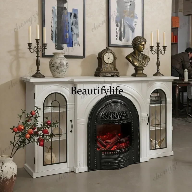 HR French fireplace TV cabinet European flame fireplace, American wood carving flower arch, living room decorative cabinet
