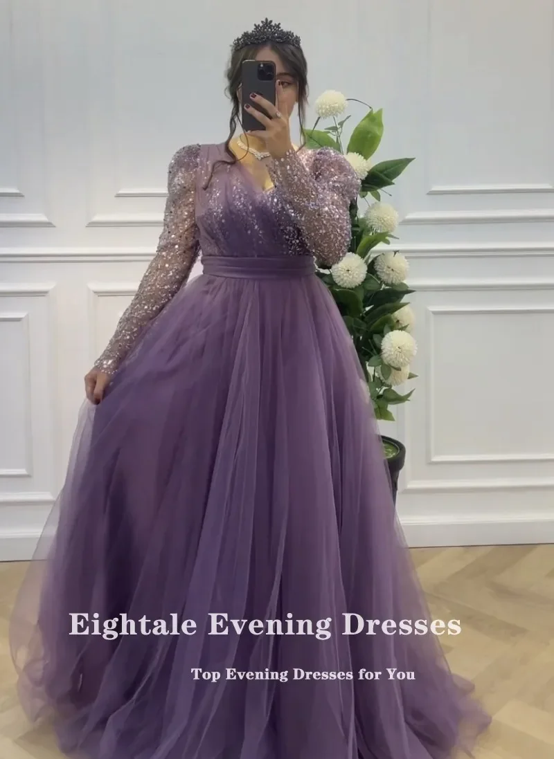 Eightale Red Evening Dress for Wedding Party Tulle Customized Arabic V-Neck Sequined Long Sleeves Formal Prom Gowns Vestido