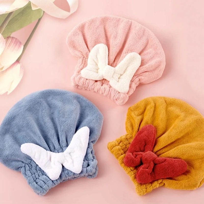 Elastic Hair Drying Hat Soft Absorbent Quick Dry Hair Towel for Curly Long Hair for Women Cute  Fleece Drying Bowknot Coral Hat