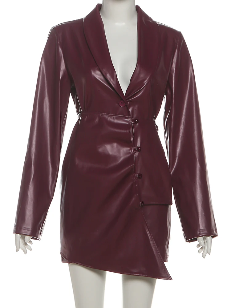 Kliou Set da 2 pezzi in pelle PU Donna con scollo a V Giacca a maniche lunghe con design a bottone singolo + Minigonna irregolare Abito elegante stile ufficio