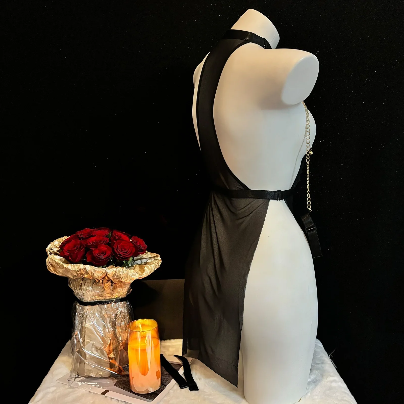 طقم قميص مثير شفاف من الدانتيل مفتوح من الأمام مع حزام سلسلة SM زي إغراء ملابس داخلية نسائية ManYu زي لعب الأدوار #3