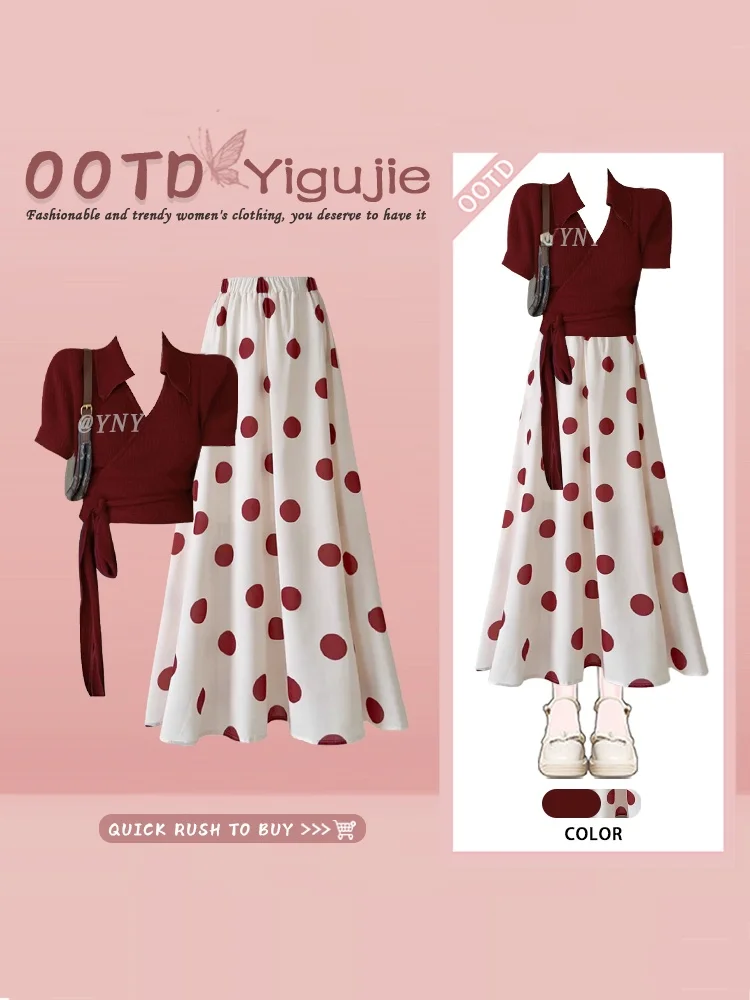Retro Red Hong Kong Style Atmosphere Knitted Sweater Summer Polka Dot  Skirt Loose Two-Piece Set Women's Fashion Ensemble
