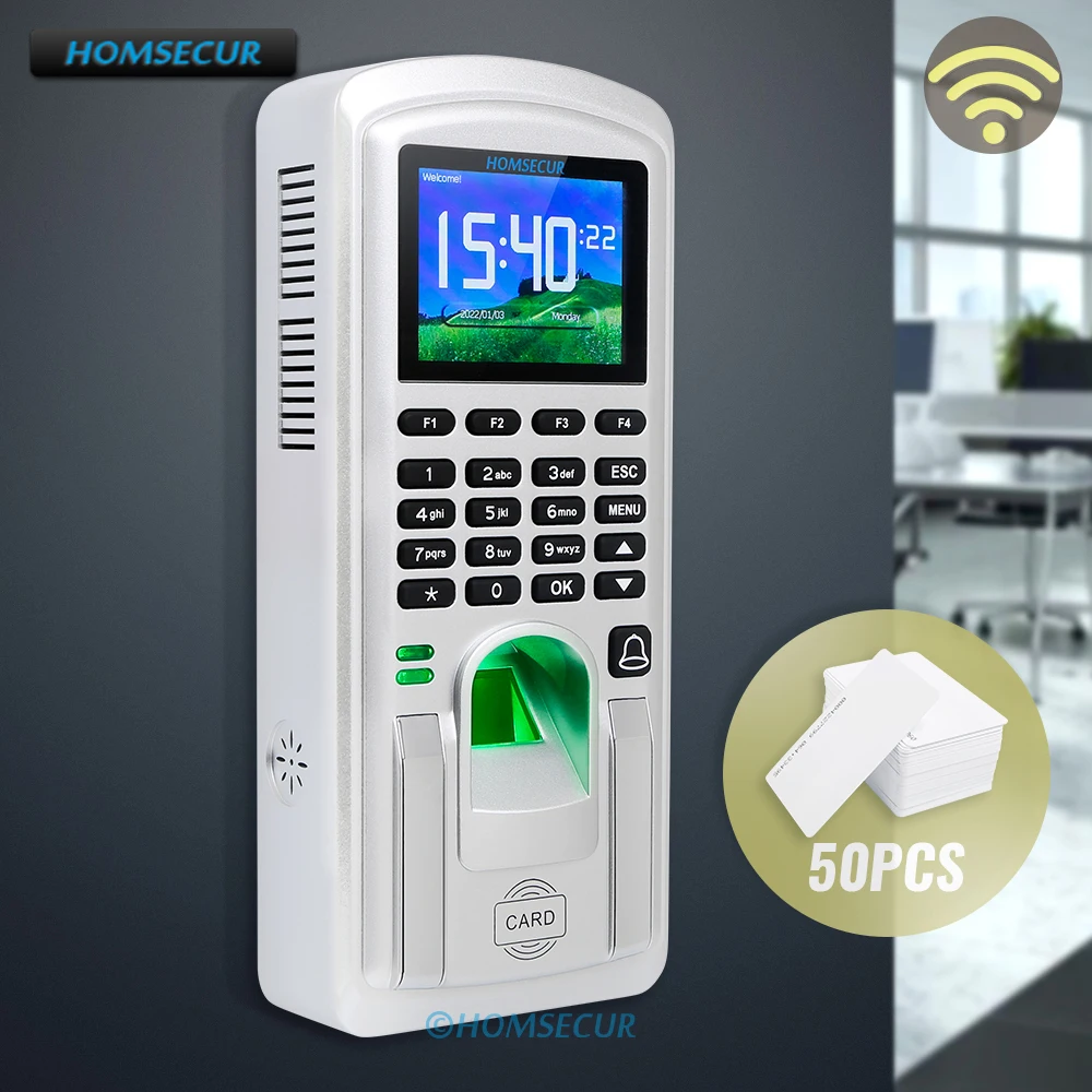 HOMSECUR Time Attendance Clock With Fingerprint+50 RFID Cards+Free Software +WiFi+DST