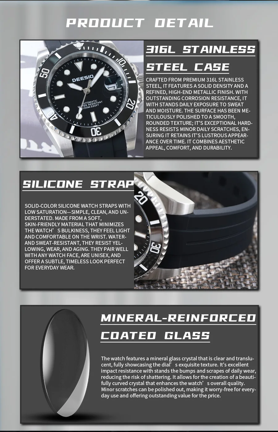 Deesio Luxury Men's Full Automatic Mechanical Watch, 316L Stainless Steel Case, Silicone Strap, Date Display, Luminous Hands, Upgrade 100M Waterproof, High-Mineral Glass, Sport Sweatproof, Self-Wind & Manual Wind, Black Classic Business Casual Design