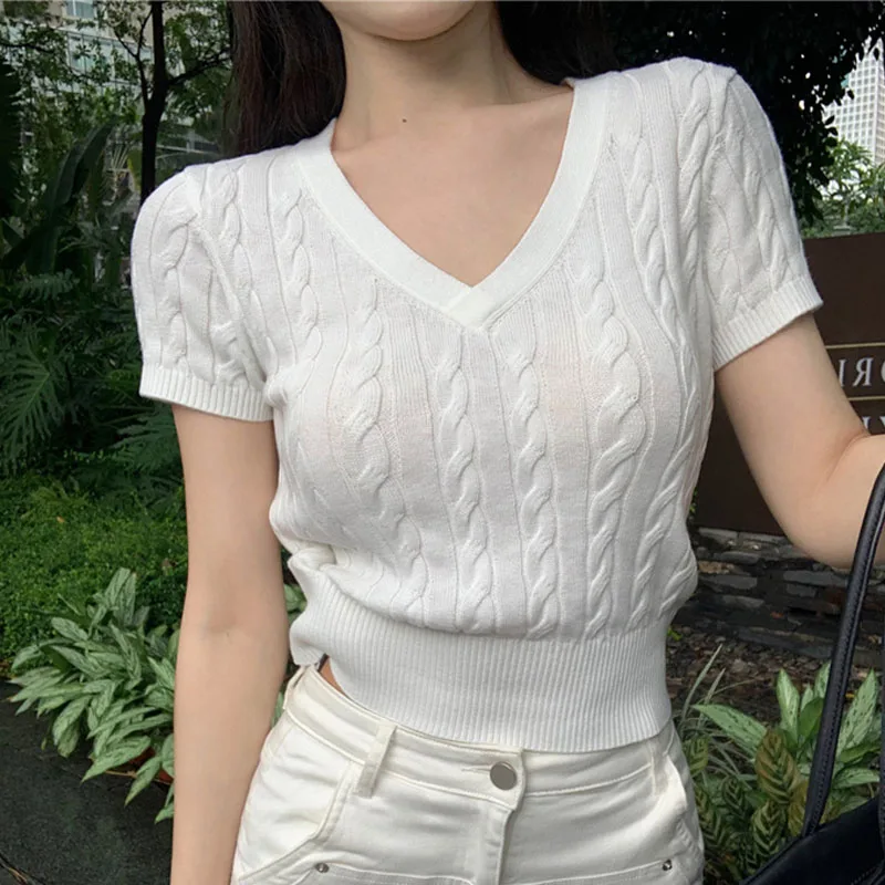 

Новый женский вязаный свитер-пуловер с V-образным вырезом и коротким рукавом, облегающий топ Q3414