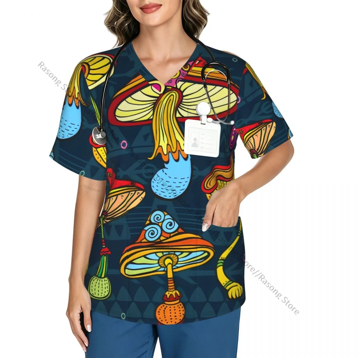 Women Scrubs Blouse Medical Nurse V-neck Clinical Scrubs Top Mushrooms Swirls Eyes Psychedelic Operating Room Work T-shirt