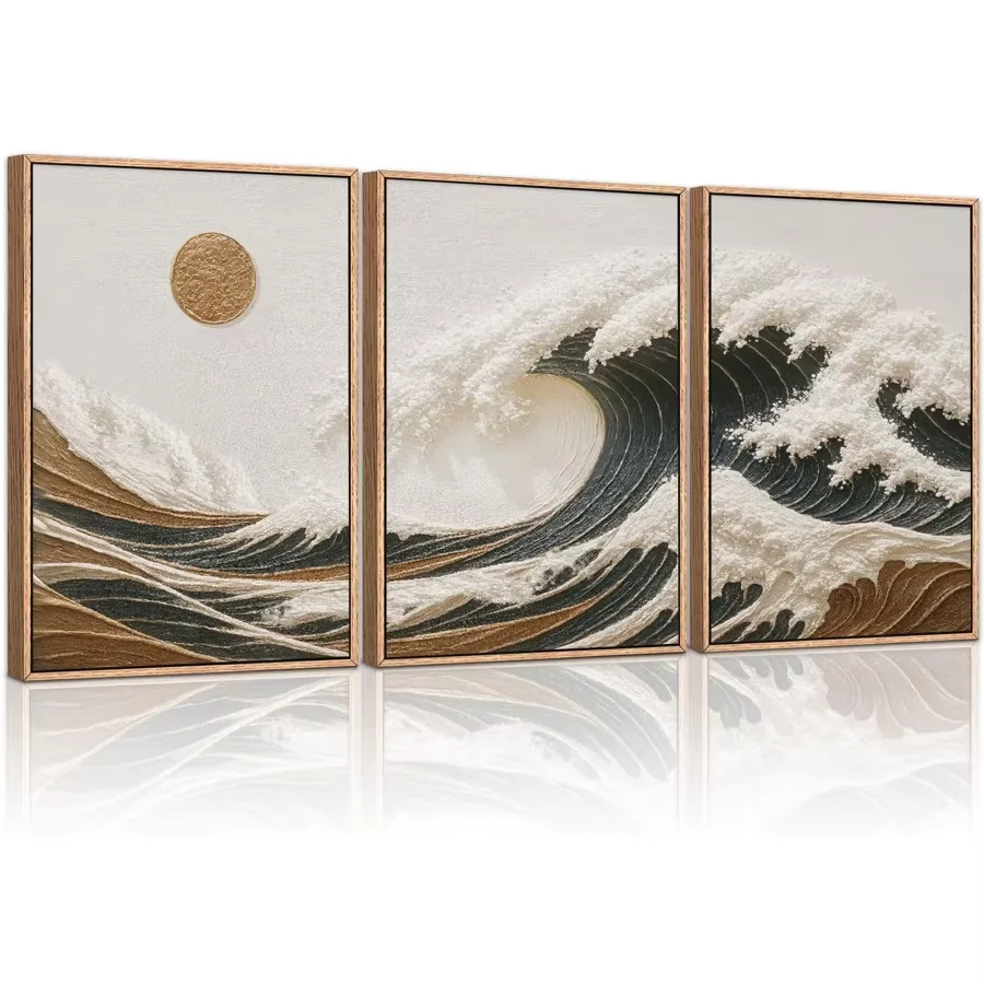 Abstract Sun Sea View DIY Diamond Embroidery 3 Pcs Set Large Ocean Beach Art Big Wave Sunset Picture Diamond Painting Wall Decor