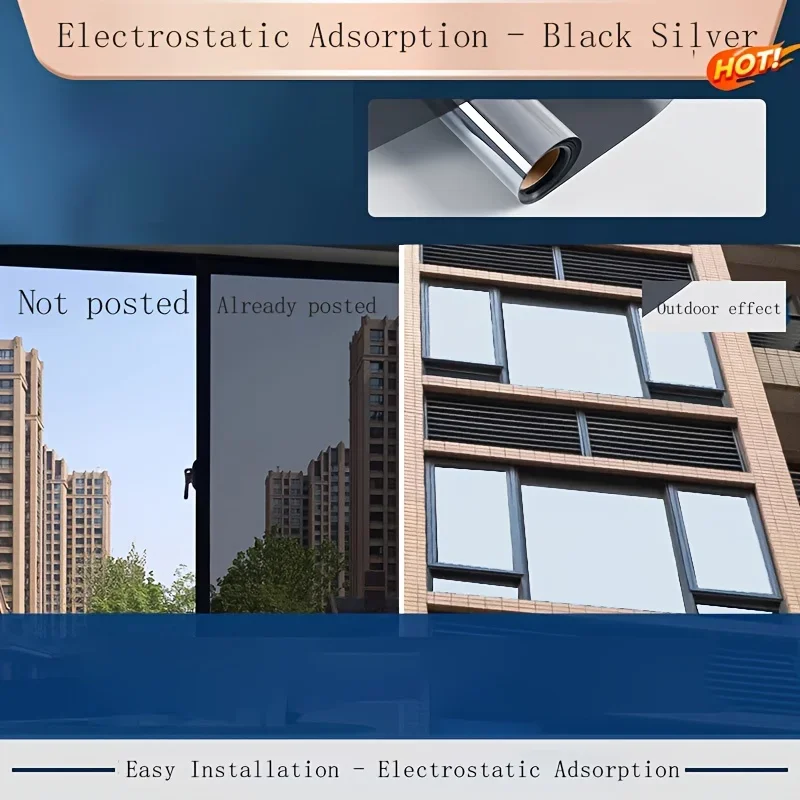 Glue-Free Static Cling Reflective Window Tint One Way See Through Heat Insulation Sunscreen Privacy Protection Glass Sticker