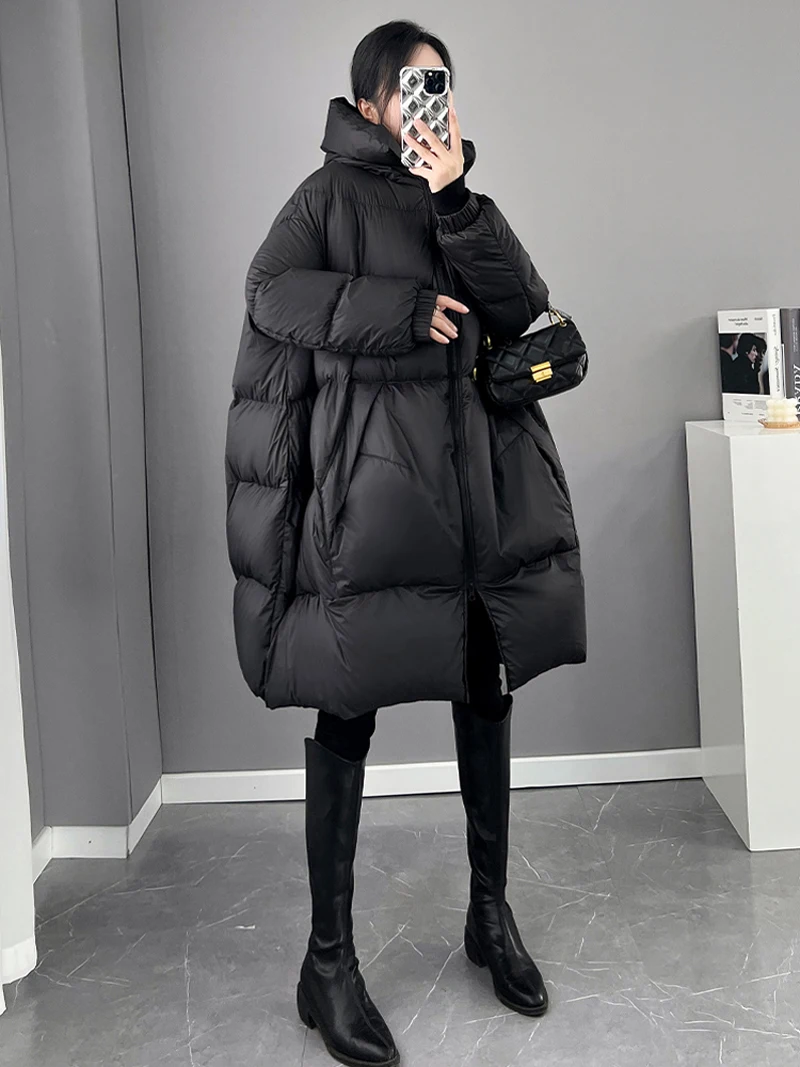 Imagem -05 - com Capuz Jaqueta para Mulheres Inverno Oversized Grosso Quente Bolsos Puffer Cabolsa Senhora Penas Longas Outwear Inkeo 3o129 Preto Branco