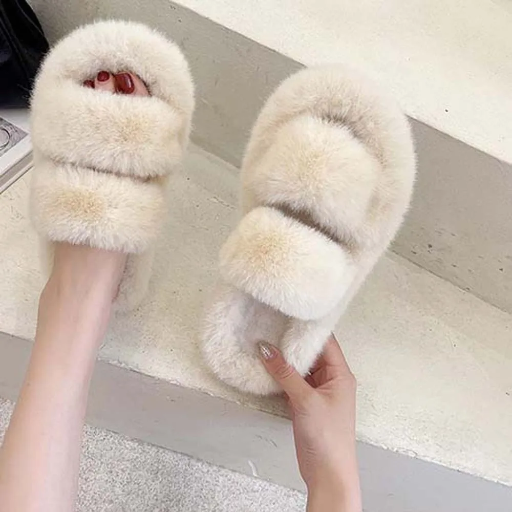 Soft Winter Open Toe Slippers Double-bar Thickened Cotton Slippers Furry Solid Color Warmer Home Cotton Shoes Cold Weather
