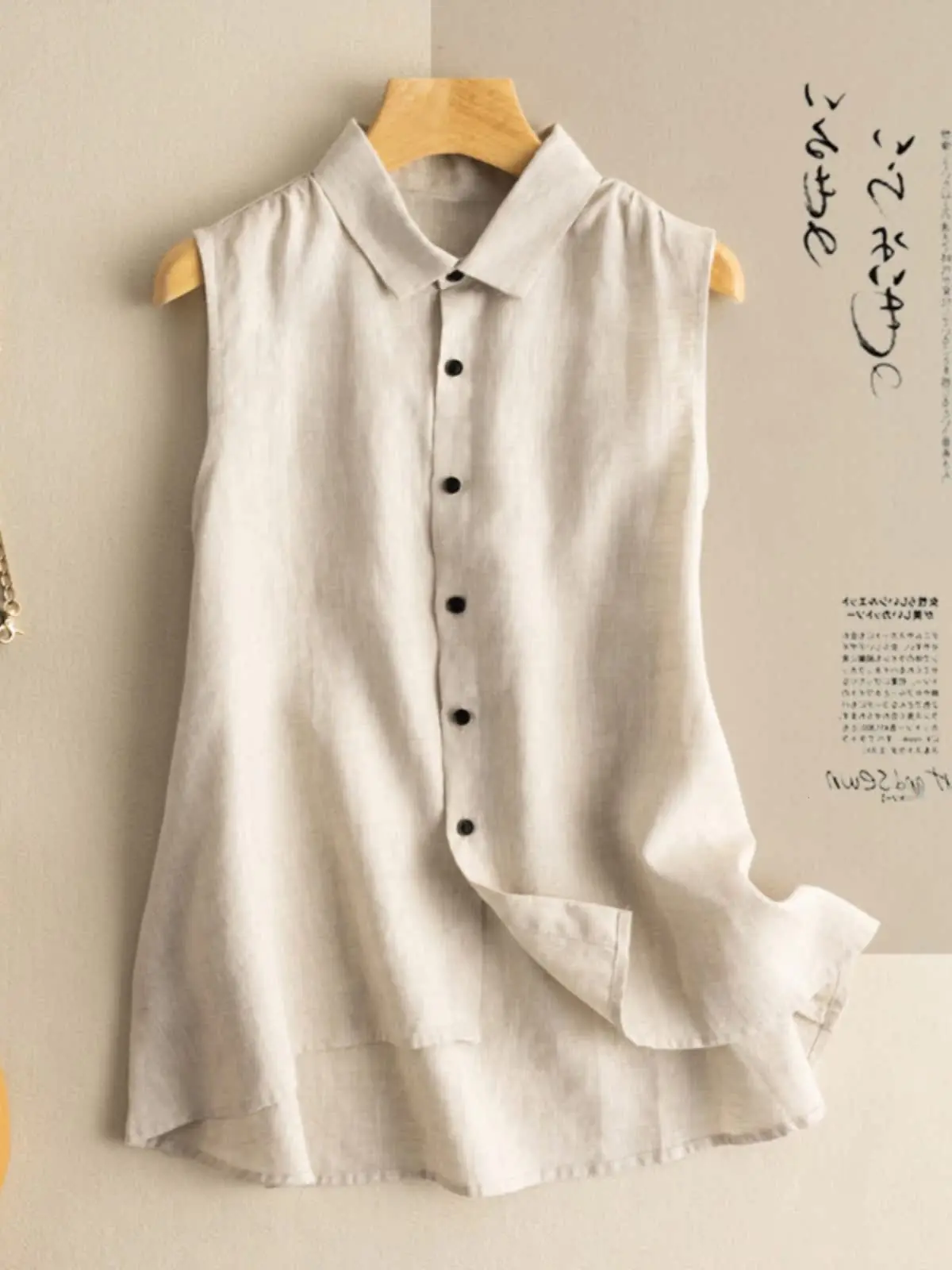 

Loose Women's Linen Tank Top Svel Cotton Linen Blend Casual irt Korean Sle Pure Color Button Detail Polyester Blend