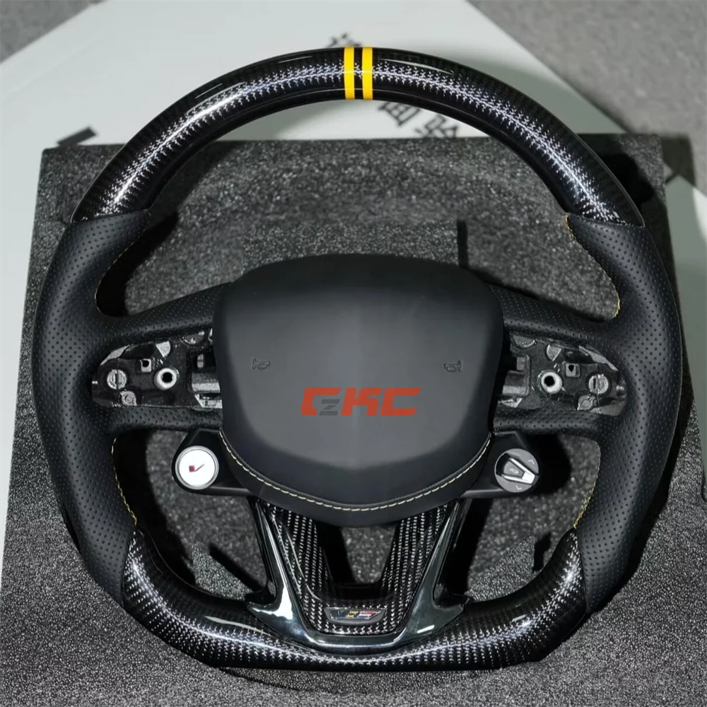 

Индивидуальный черный руль из углеродного волокна с желтой полосой, перфорированный кожаный руль для 2022 2023 2024 2025 Cadillac