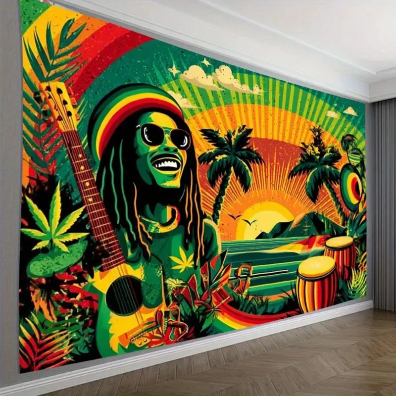 VIKAMA Reggae Bob Tropical Palm Guitar Sunset Beach Tapestry Background Hanging Cloth Trendy Cool Wall Decoration Room Decor