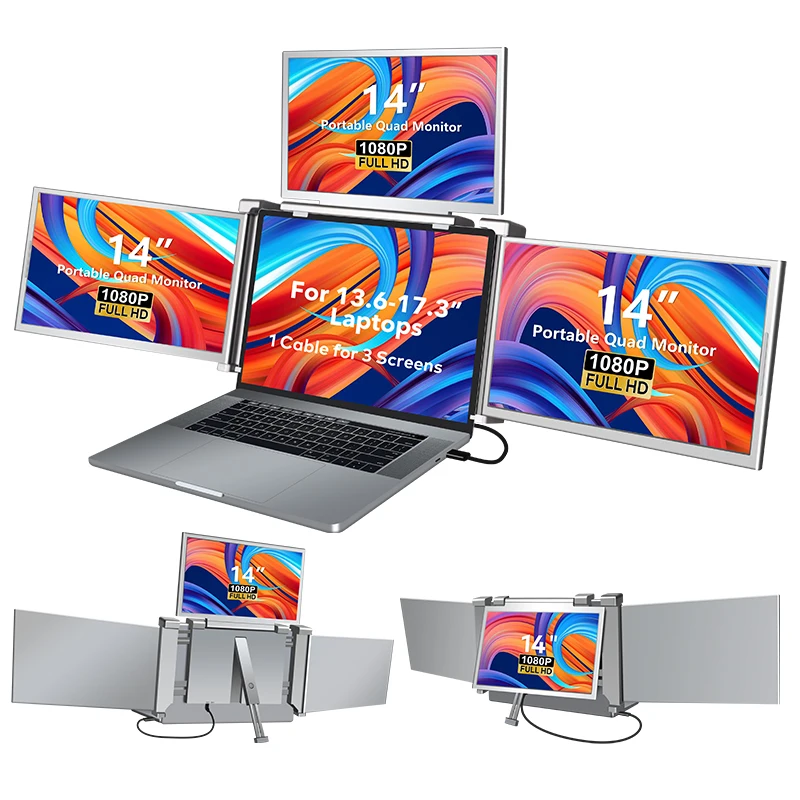 FOPO 1 Cable for 3 Screen 14inches  1920*1080P Resolution Hung on Laptop Monitor Extender Laptop