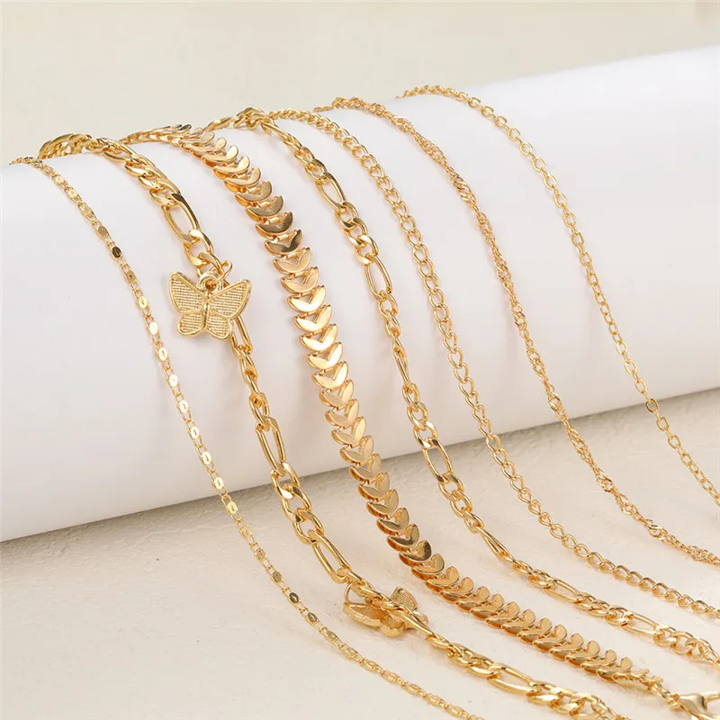 طقم خلخال فراشة وقلب عتيق ذهبي اللون للنساء ، خلخال متعدد الطبقات ، سوار على قدم الساق ، هدايا مجوهرات الشاطئ ، 7 في كل مجموعة #2