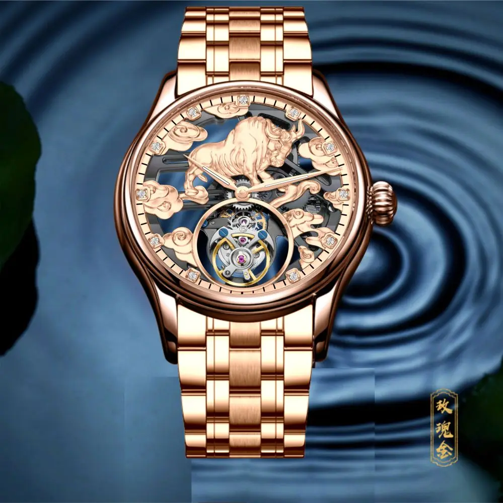 AESOP（manual7078G)Luxury Gold Bull Tourbillon Watch Men's Automatic Mechanical Wristwatch Leather Strap