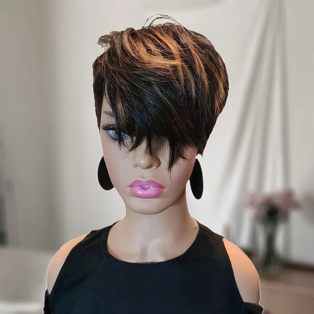 Short Pixie Cut Wig Human Hair with Bangs for Black Women 150% Density Brazilian Remy Hair Easy to Wear Short Machine Made Wig