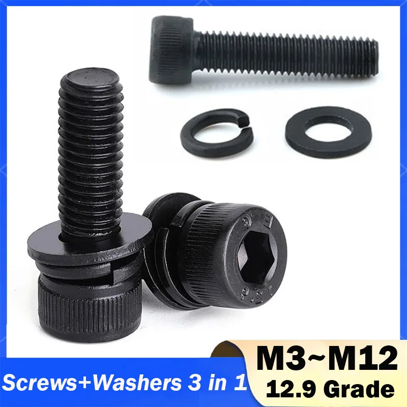 Pernos Allen de cabeza con casquillo negro M3 M4 M5 M6 M8 M10 M12 con arandela plana/de resorte, longitud de cabeza Plummer 12,9 de alta resistencia: 6mm ~ 50mm