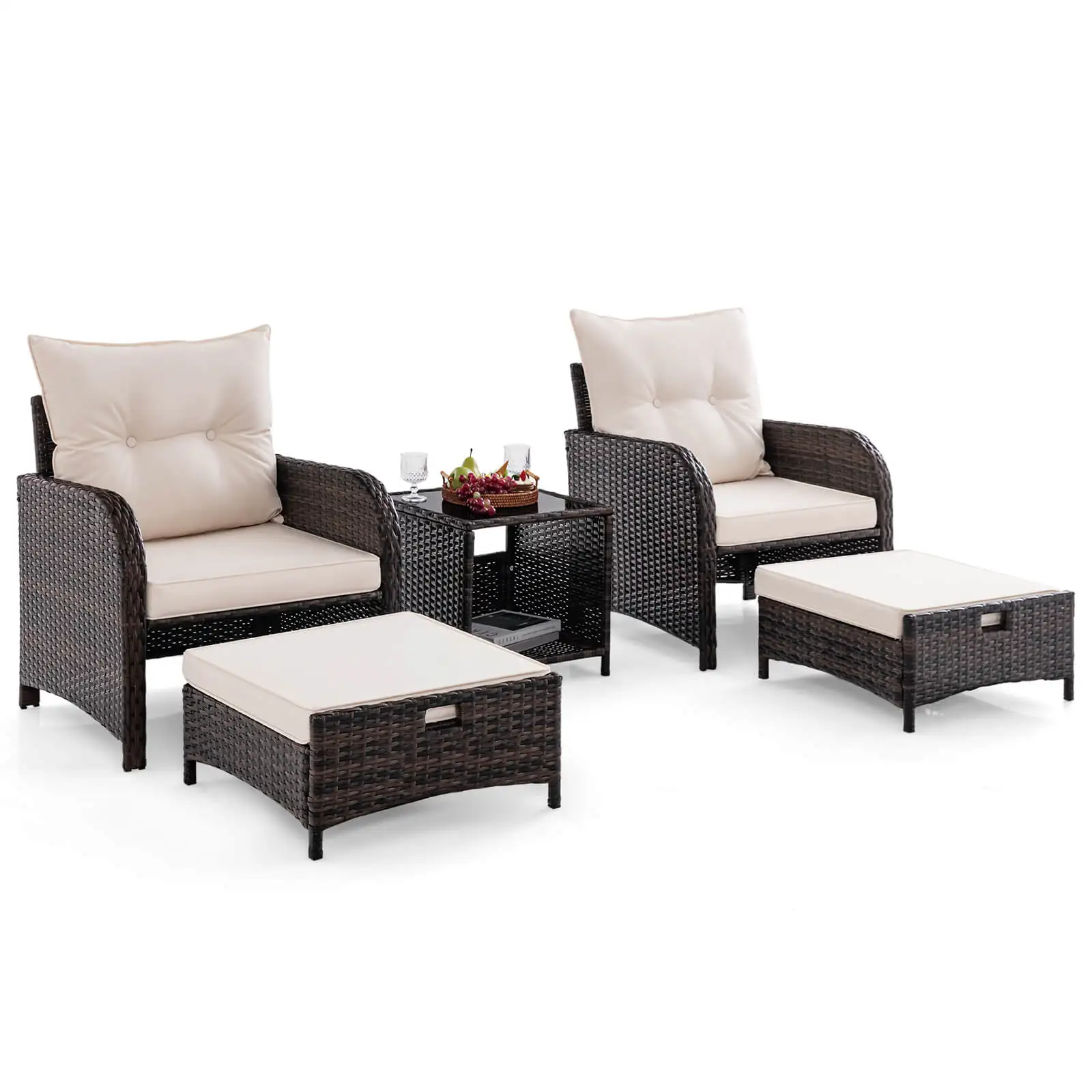 5 PCS Patio Conversation Set with 2 Chairs 2 Ottomans & 1 Coffee Table for Backyard Beige