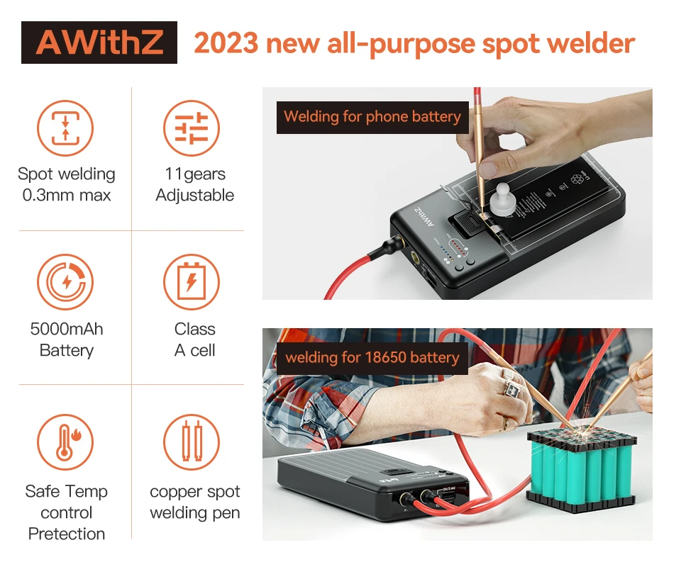 Saldatrice a punti portatile Awithz MC1 5000mAh per la riparazione della batteria trapiantata saldatrice a punti per saldatura MAX 0.3mm striscia di