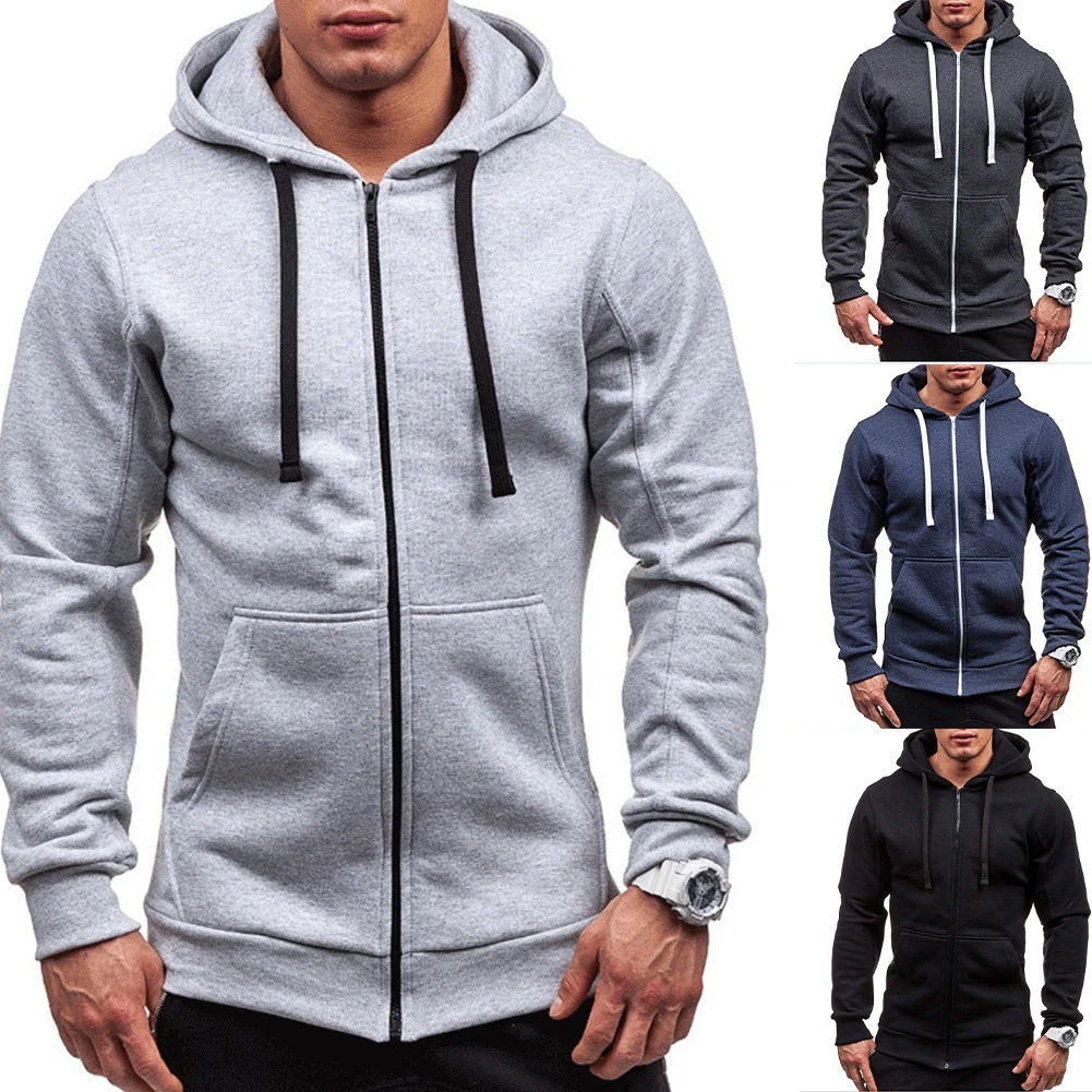 Men Hoodie Zipper Jacket Featuring Long Sleeve and Hooded Neckline Solid Color Casual Coat for Fitness Sports Activities